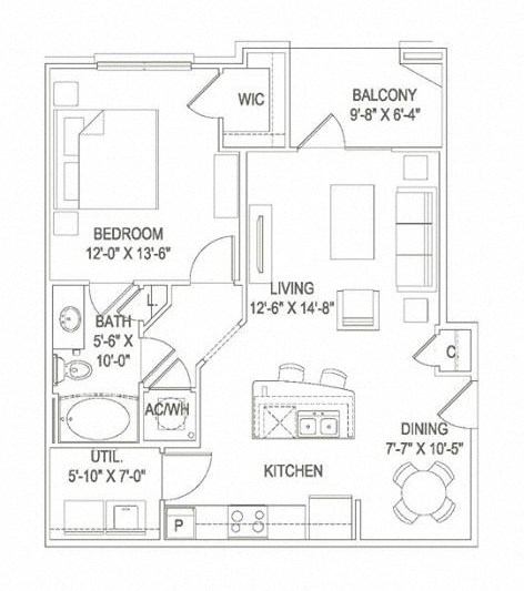 Floor plan for 1 bed, 1 bath, 767 sqft